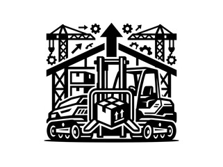 Naklejka premium Warehouse Logistics Icon: Forklift, Crane, Loading Dock Cargo in Black and White Vector Art