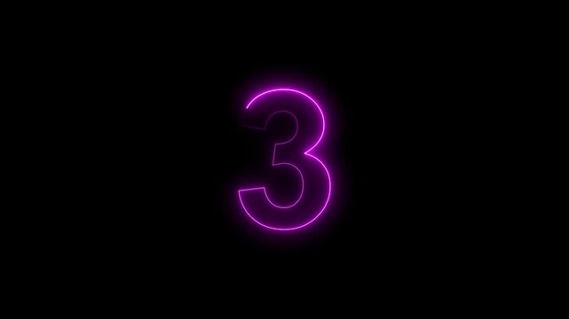 Purple Neon Number 3 Countdown Animation on Black Background