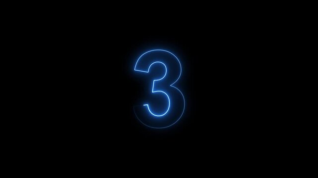 Blue Neon Number 3 Countdown Animation on Black Background