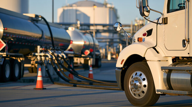 Fuel tanker truck delivering chemicals or petroleum products using multiple hoses at an industrial facility, safety cones visible nearby, with copy space