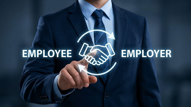 Businessman touching virtual employee employer handshake agreement icon on interface