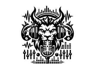 Fototapeta premium Monochrome Vector Graphic: Fierce Lion Head DJ with Headphones, Microphone Sound Elements for Music Audio Production