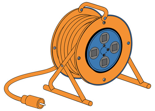 Cable reel for electrical extension cord with four sockets and a sturdy orange stand, designed for versatile use in workshops and outdoor activities