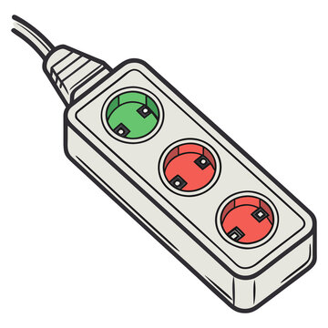 Vector drawing of a white three-socket power strip extension cord with green and red outlets for home and office electronic equipment setup