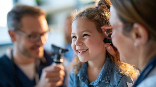 Experienced physician checking a happy young girl's ear with an otoscope, ensuring good health during a routine medical examination, with copy space