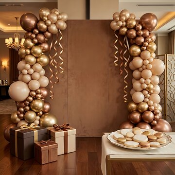 Elegant gold and beige balloon arch decoration for a luxury happy birthday party celebration and event backdrop