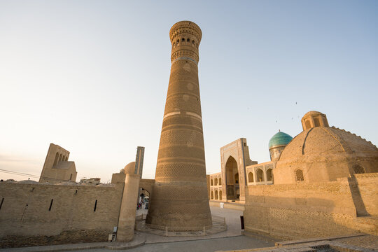 Historic Minaret and Buildings in Bukhara at Sunset