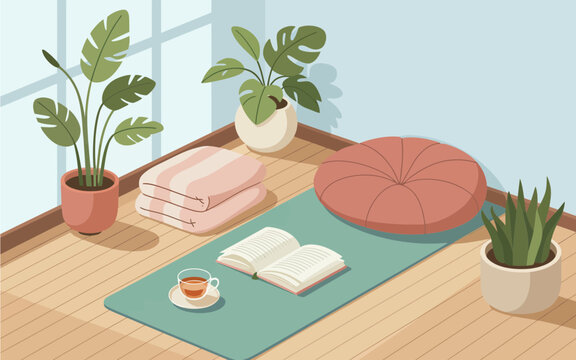 Cozy home yoga studio setup with mat cushion book and tea meditation wellness mindfulness relaxing interior lifestyle peaceful houseplants selfcare serenity balanced tranquility