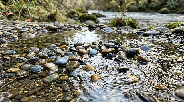 Clear shallow stream water creates gentle ripples around smooth colorful pebbles on the riverbed