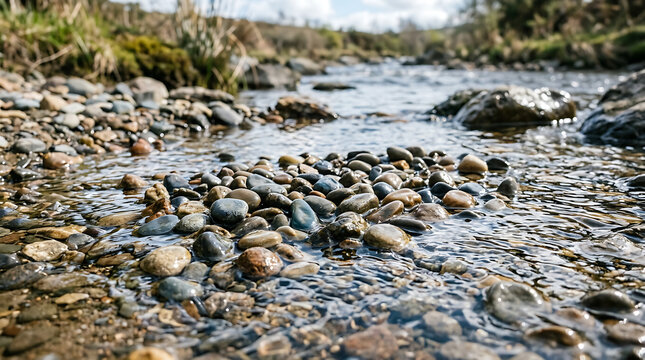 Closeup view of smooth pebbles submerged in the clear, flowing water of a natural stream showcasing intricate textures