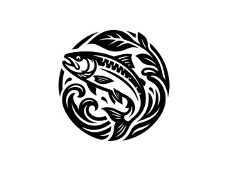 Fototapeta premium Black and White Vector Art of a Salmon Jumping in Water with Leaves