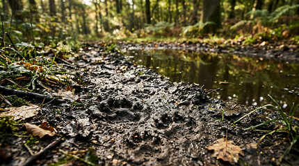 Fototapeta premium Muddy Animal Paw Prints Imprinted in Forest Trail Beside Reflecting Puddle