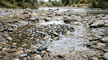 Fototapeta premium Water Disturbs Smooth Pebbles in a Shallow Riverbed, Creating Gentle Ripples and Natural Textures