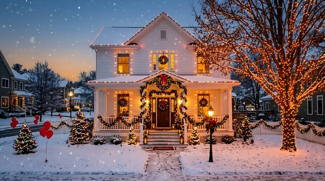 A beautiful white house decorated with christmas lights and wreaths, surrounded by a snowy yard with glowing trees and red balloons at twilight
