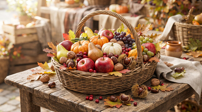 Cesta de productos frescos de oto&ntilde;o con manzanas, peras, calabazas, nueces y casta&ntilde;as, concepto de cosecha, alimentaci&oacute;n saludable y naturaleza.