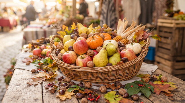 Cesta de productos frescos de oto&ntilde;o con manzanas, peras, calabazas, nueces y casta&ntilde;as, concepto de cosecha, alimentaci&oacute;n saludable y naturaleza.