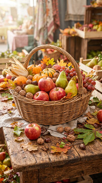 Cesta de productos frescos de oto&ntilde;o con manzanas, peras, calabazas, nueces y casta&ntilde;as, concepto de cosecha, alimentaci&oacute;n saludable y naturaleza.