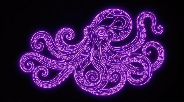 Intricate purple octopus illustration with detailed mandala patterns isolated on a solid black background