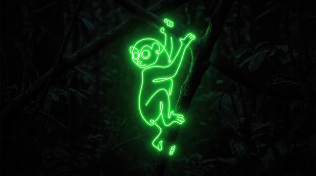 Bright green neon sign of a playful monkey hanging on a dark textured wall background