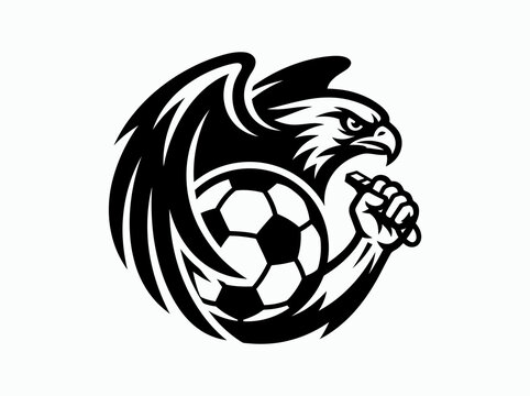 Black and White Stylized Eagle Soccer Mascot with Football and Referee Whistle Vector Illustration