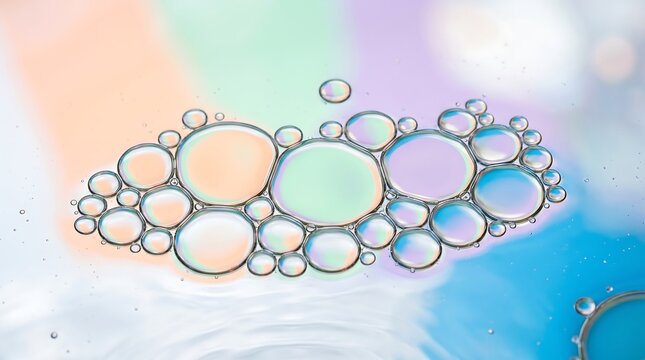 Abstract oil and water bubbles macro background with soft pastel rainbow color gradients