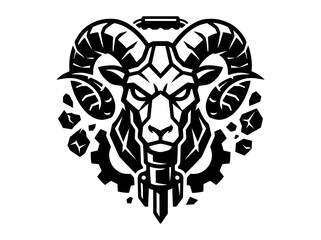 Fototapeta premium Black Ram Head with Gears and Rocks, Vector Glyph Art