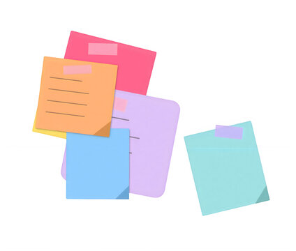 Colorful tron paper sticky notes arranged in a creative stack isolated on transparent background