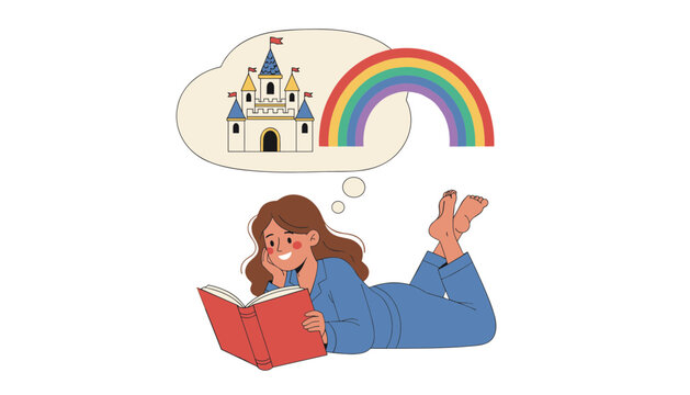 Young girl reading a book in her pajamas imagines a fairy tale castle and a colorful rainbow in a thought bubble.