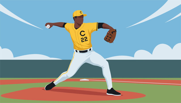 Professional baseball pitcher in yellow uniform throwing a ball during match on stadium, sports action illustration.