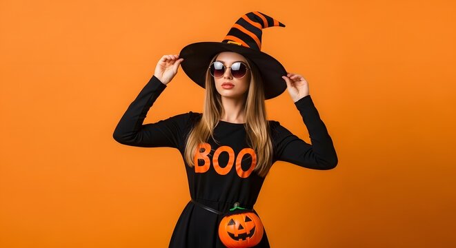 Young woman in witch costume and sunglasses posing on orange background