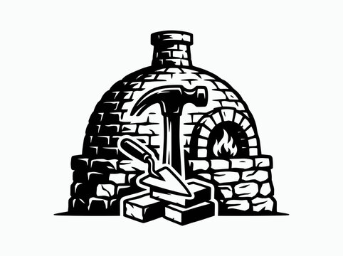 Black  White Line Art of Brick Oven, Hammer, and Trowel