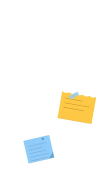Yellow and blue tron paper notes with written text isolated on transparent background