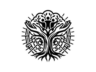 Fototapeta premium Black and White Line Art Tree of Life Symbol with Human Figures and Gears