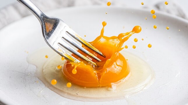 Fork Piercing Fresh Egg Yolk Creating Splash on White Plate.