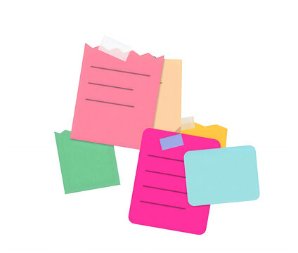Colorful collection of tron paper notes and memo sheets isolated on transparent background