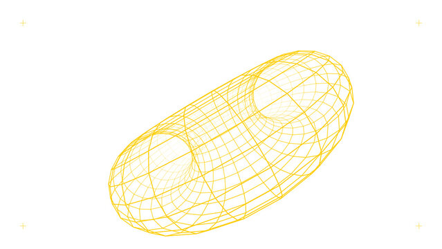 Abstract yellow wireframe torus with an elongated form on a transparent checkerboard background.