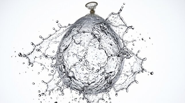 High speed photography of a water balloon bursting against white background capturing splash details.