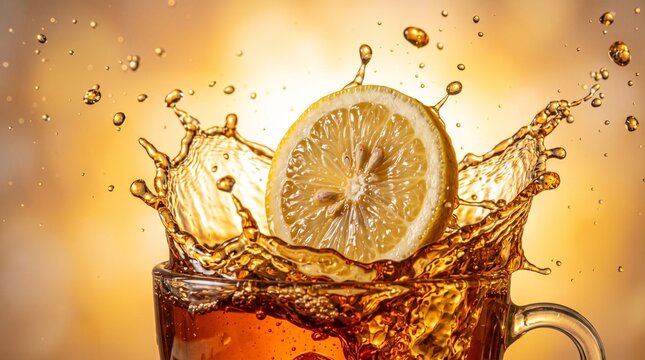 Lemon slice splashing into a glass cup of hot tea.