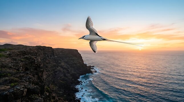 White tropicbird flying over ocean cliffs at sunset