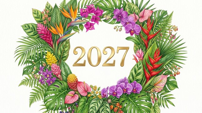 A beautiful watercolor floral wreath features golden new year 2027 lettering with lush tropical leaves surrounding it
