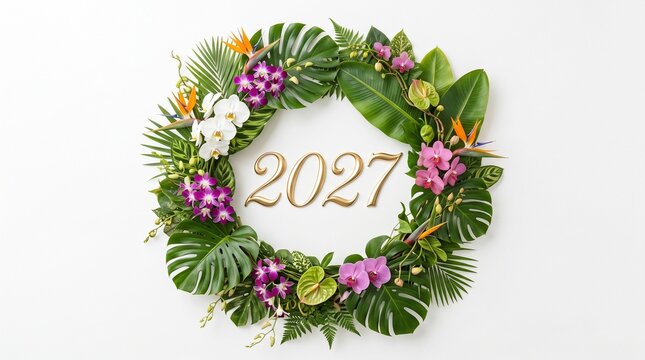Beautiful festive tropical flower wreath featuring wooden 2023 numbers displayed on a bright clean white backdrop