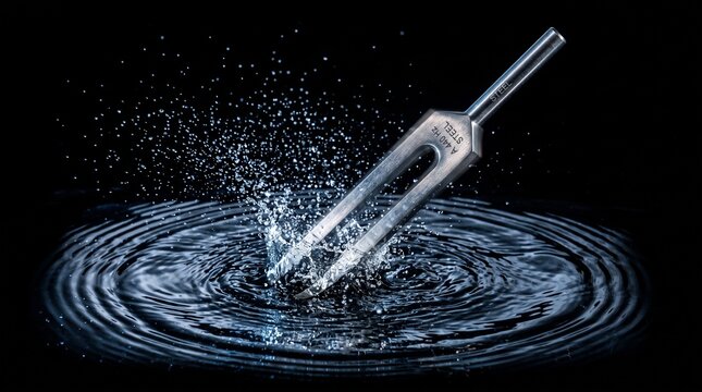 Tuning Fork Vibrating in Water Creating Ripples and Splashes.