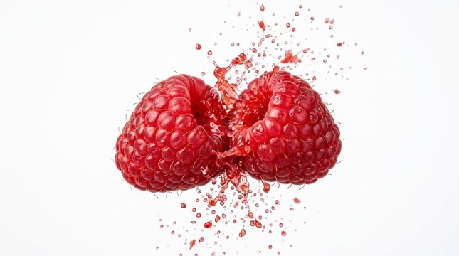 Two fresh raspberries colliding and exploding.