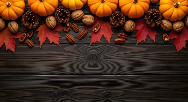 Autumn harvest background with pumpkins, pine cones, walnuts, and pecans on dark wooden table