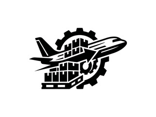 Obraz premium Black and White Airplane with Cargo and Gears Logo