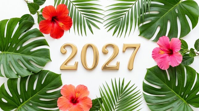 Golden numbers for the year 2027 beautifully displayed with tropical foliage and colorful hibiscus blossoms