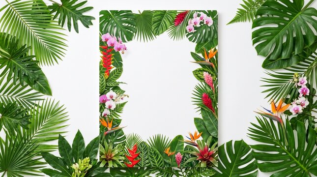 Lush tropical foliage frame with vibrant flowers and white space for text or design