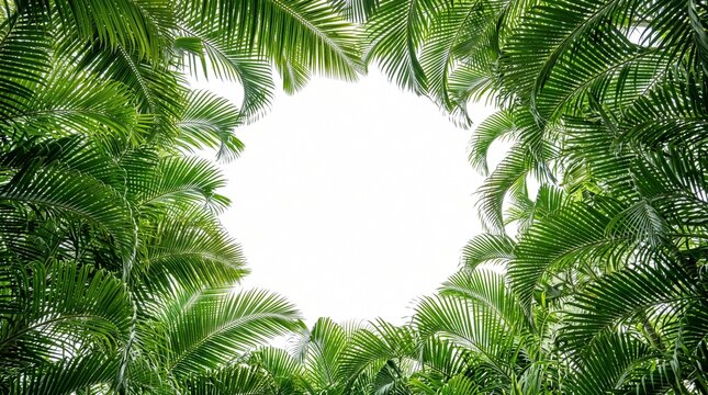 Abundant vibrant green ferns create a beautiful natural frame around a bright white empty space in the center