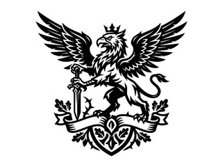 Fototapeta premium Black and White Griffin with Sword and Crown Emblem