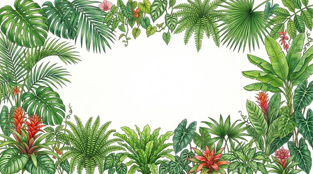 A vibrant border of lush tropical leaves and bright red blossoms forms a beautiful natural frame